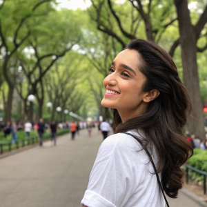 Shraddha Kapoor, fair-skinned actress, with a radiant smile. Wearing a casual white shirt, standing in a bustling city park.