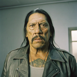 Photorealistic portrait of Danny Trejo, actor. Rugged face, sharp lighting, studio setting.