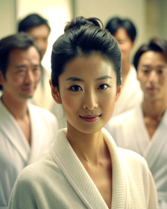 1girl, 20-year-old Korean actress Clara Lee Sung-min, with bun hairstyle, wearing an open white bathrobe, bathroom: 1.2, collarbone, looking at the audience, ((turbulent)), ((perfect body proportions)), (panorama: 1.3), Beautiful and mature, grinning, deep shadows, Mario Testino style, <lora:DetailedEyes_xl_V2:1>, <lora:neg4all_bdsqlsz_xl_V7:1>, (super delicate oval face)), ((beautiful eyes with long eyelashes,((real quality) )),((Leica RAW photo)),64k,((Fidelity:1.2)), ((Really fair skin)),((Su