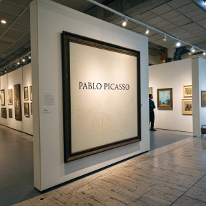 A quote from Pablo Picasso on the importance of art in revealing truths, featured prominently on a gallery wall.