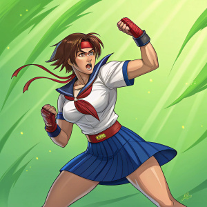 Digital artwork featuring Yuri Sakazaki, the fierce heroine from SNK games, striking a fighting pose. Bright green backdrop.