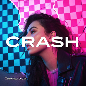 Album cover for 'Crash' by Charli XCX. Neon pink and blue checkered background. Torn edges, giving a raw, edgy feel.