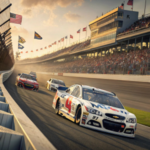 Multiple NASCAR race cars zooming around the track, including a Mobil 1 sponsored Chevrolet. Crowds cheering on the sidelines.