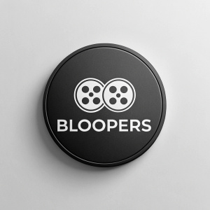 A sleek logo design for a media company named 'Bloopers'. The logo showcases a black circle with stylized film reels inside. The brand name 'Bloopers' is displayed in a modern, clean font.