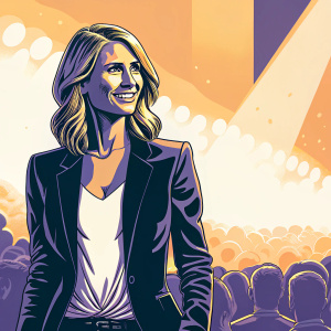 Claire Danes attends the PaleyFest celebration. Wears a black blazer with a white blouse underneath. Crowd and bright lights in the background.