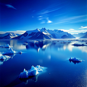 blue cold ocean with glaciers on the center and clear sky