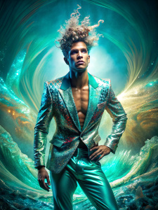A Flamboyant Turquoise man, character portrait, nikon zii, 40mm lens, heroic masculine pose, Phantasmagoricalwave, Refraction, Dramatic