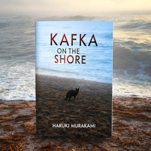 Book cover for Kafka on the Shore by Haruki Murakami. Silhouette of a cat standing on the beach. Dark, mysterious shape contrasting with the waves. Gradient of yellow and blue colors
