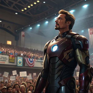 Tony Stark, aka Iron Man, in sleek armor, center stage at Comic-Con. Vast crowd cheering.