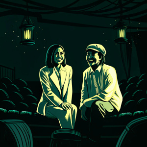 Naomi Scott and Ludi Lin attending the premiere of their latest film. Naomi in a white tailored suit with a cheerful smile. Ludi in a white shirt and cap. Dimly lit room with chandeliers and rustic decor.