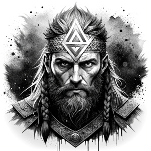 walhalla, viking warrior,  runics face, black work, white backrounds