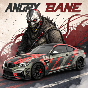 Promotional poster for 'Angry Bane' drift car wrap design. Aggressive character inspired by Bane, color palette of black, gray, and red. Rough, bold graphic style with abstract shapes and lines in background.