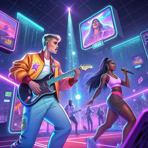 Justin Bieber and Megan Thee Stallion in a virtual reality concert. Dynamic, vibrant digital stage with holographic elements.