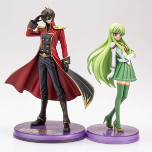 Code Geass figurines on display. Lelouch and C.C., detailed costumes, purple base