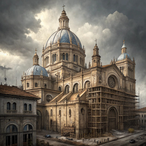 The Cuenca Cathedral, an iconic landmark in Ecuador, undergoing extensive restoration. Scaffolding envelops its towering domes and intricate stone facades. The sky is overcast.