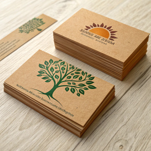 Studio Bumbulu business cards. Green tree design and sun-like graphic on warm-toned, rustic paper. Brown, textured paper. Stacked on a light wooden surface.