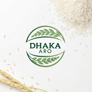Logo design for organic rice brand Dhaka Aro. Minimalist, modern style with green and white color palette.