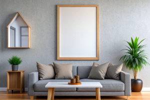 Frame mockup, ISO A paper size. Living room wall poster mockup. Interior mockup with house background. Modern interior design