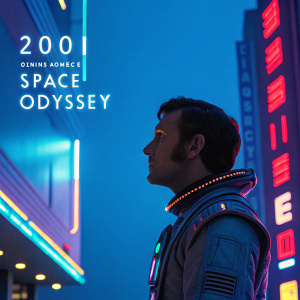 Promotional image for Stanley Kubrick's 2001: A Space Odyssey. Colorful neon lights in the background, set against a vibrant blue backdrop.