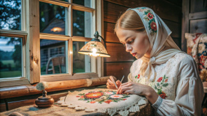 Русская молодая женщина блондинка в белой косынке вышивает в русской избе. За окном ночь.