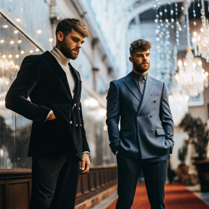 Alex Pall and Andrew Taggart of The Chainsmokers attending a glitzy awards show. Formal suits, against a glamorous backdrop.