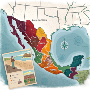 Interactive map of Mexico, showcasing regions like Baja California, Oaxaca, and Yucatan with vibrant colors and detailed Spanish-language descriptions.