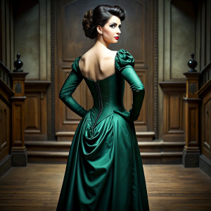 30 yo attractive brunette wealthy lady. Painfully slim waist and big bosom spilling out. Visiting the opera dressed in a period correct Victorian emerald satin gown. Satin opera gloves. Dark red lipstick.  full body back view