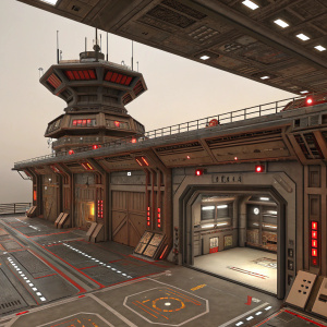 3D rendering of an advanced industrial space station from Star Wars: Squadrons. Complex design with brown hues and red highlights. Multi-level structure featuring a main corridor.