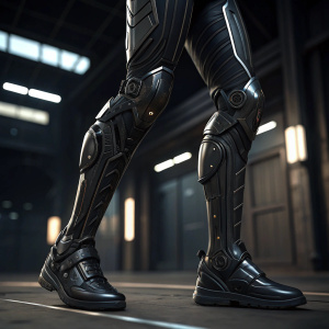 Sofya's mechanical legs, futuristic design, sleek black. Detailed armor-like structure. Dimly lit, highlighting contours and lines. Digital art