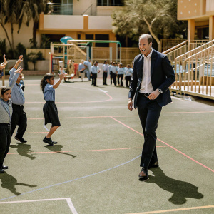 Prince William visiting a bustling schoolyard. Children in blue uniforms cheering. Bright sunny day