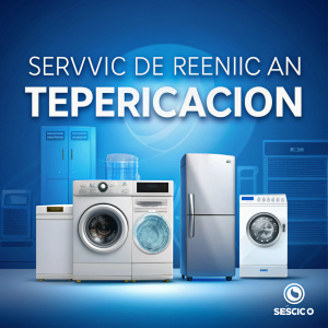 fondo con celeste y blanco con fotos de  lavadora,refrigerador,aire acondicionado con la palabra servicio técnico en refrigeración 
 