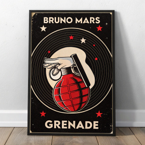 A promotional album cover for Bruno Mars' 'Grenade'. Black background. Red spherical object. Stylized hand-like shape. Bruno Mars' text branding. Limited color palette of black, red, and white. Bold and graphic style. Strong contrast between colors.