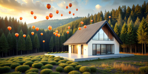 country one-story modern house, minimalistic, modest design, many details, not pretentious, small windows, siding, white walls, triangular roof, located in the forest, behind the house a huge number of orange balloons are flying in one heap, many small balloons in one bunch, light sky, photorealism, high quality photo, photo as in life, hdr, 3K, professional photographer