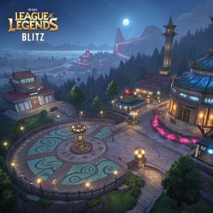Digital concept art of a League of Legends Nexus Blitz by artist Hing Chui. Illustration showcases a vibrant fantasy base with intricate lighting and layout designs.