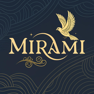 Logo for Mirami featuring an elegant golden font with a stylized bird in flight. Dark abstract background with wavy patterns, dark tones, graphic design style
