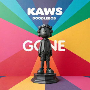 Digital illustration featuring a KAWS x Doodlebob statue in the center, standing against a vibrant multicolored background. The word 'GONE' is displayed prominently in white with a bold, sans-serif font.