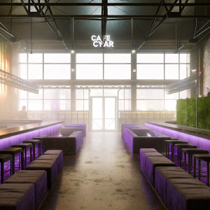 Futuristic cafe called Cafe Cybar. Modern and grunge-inspired interior with purple hues. Soft, ambient lighting. Spacious area featuring booths and stools.