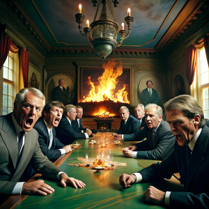 Images of angry politicians and bankers playing Risk in a luxury boardroom. The atmosphere is tense