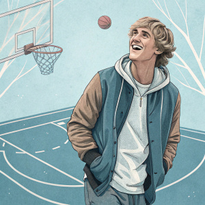 Logan Paul, smiling broadly in a casual outfit. Light blue background, high school basketball court