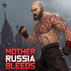 Vladimir, the protagonist from 'Mother Russia Bleeds', a video game. Bald head, bearded face, flexing muscles. Angry expression, ready for combat. Set against a dark, moody backdrop featuring Soviet symbols and the game's title in bold red text.