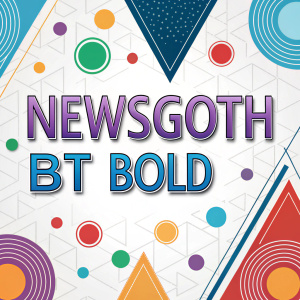 A creative design featuring the NewsGoth BT Bold font. Against a background of vibrant geometric shapes. Additional details in a sleek sans-serif font.