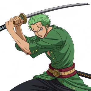 Roronoa Zoro from One Piece. Poses in a fierce stance, green shirt and belt, gripping a sword with a dark blade tightly. Digital artwork, vibrant colors, bold outlines.