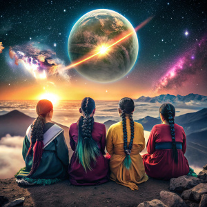 cuatro mujeres bolivianas andinas, cholas, con pelo trenzado negro unido en trenzas, con vestimenta tipica de bolivia aguayos,  sentadas, mirando el ocaso, con cerros de vislumbre, con un eclipse de luna, universo futuro pasado, nacimiento de una estrella, y armar un logotipo con el nombre WARMIKUNA