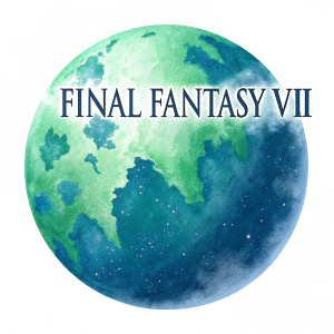 Logo for Final Fantasy VII: A vivid green and blue planet with bold sans-serif text overlay. Watercolor effect, fantasy theme.