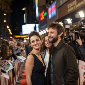 Melina Matthews and Raul Arevalo at a bustling movie premiere. Crowds and flashing cameras.
