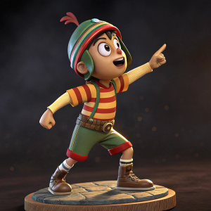 Three-dimensional action figure of Quico from 'El Chavo del 8'. Dynamic pose with intricate detailing. Dark, dramatic background.