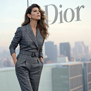 Marisa Tomei in a sleek gray plaid jumpsuit, standing in front of a blurred cityscape backdrop. The Dior logo is prominently displayed. Soft lighting accentuates her long wavy hair and subtle makeup.