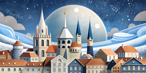 White illustration,  Marek Brzozowski style, structural aesthetics, a lot of historical prague houses, huge ocean and cosmic sky, white, zoom out view, grainy texturing paper