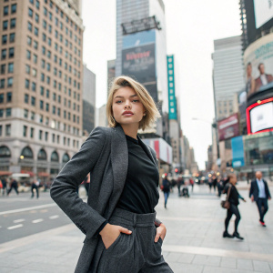 Thylane Blondeau, young model with short blonde hair, standing in a busy city square, posing confidently.