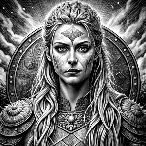 shieldmaiden perfect realistic art, high-definition, high-definition grey and black, white background 